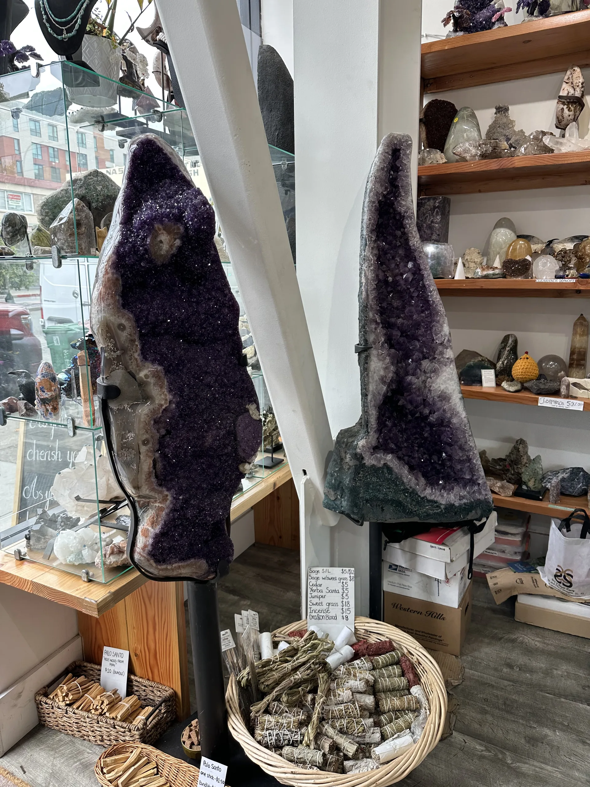 Tall amethyst cathedral geode in the shop window