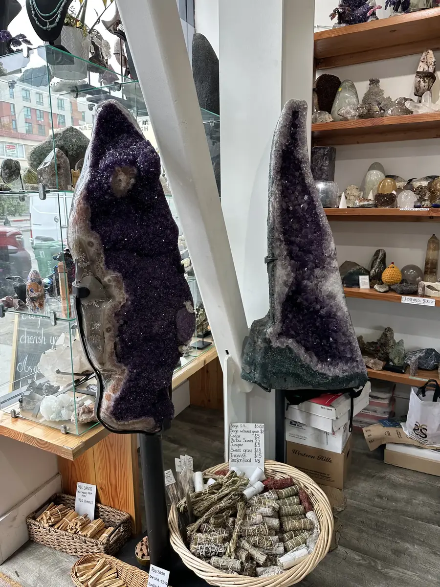 Tall amethyst cathedral geode in the shop window