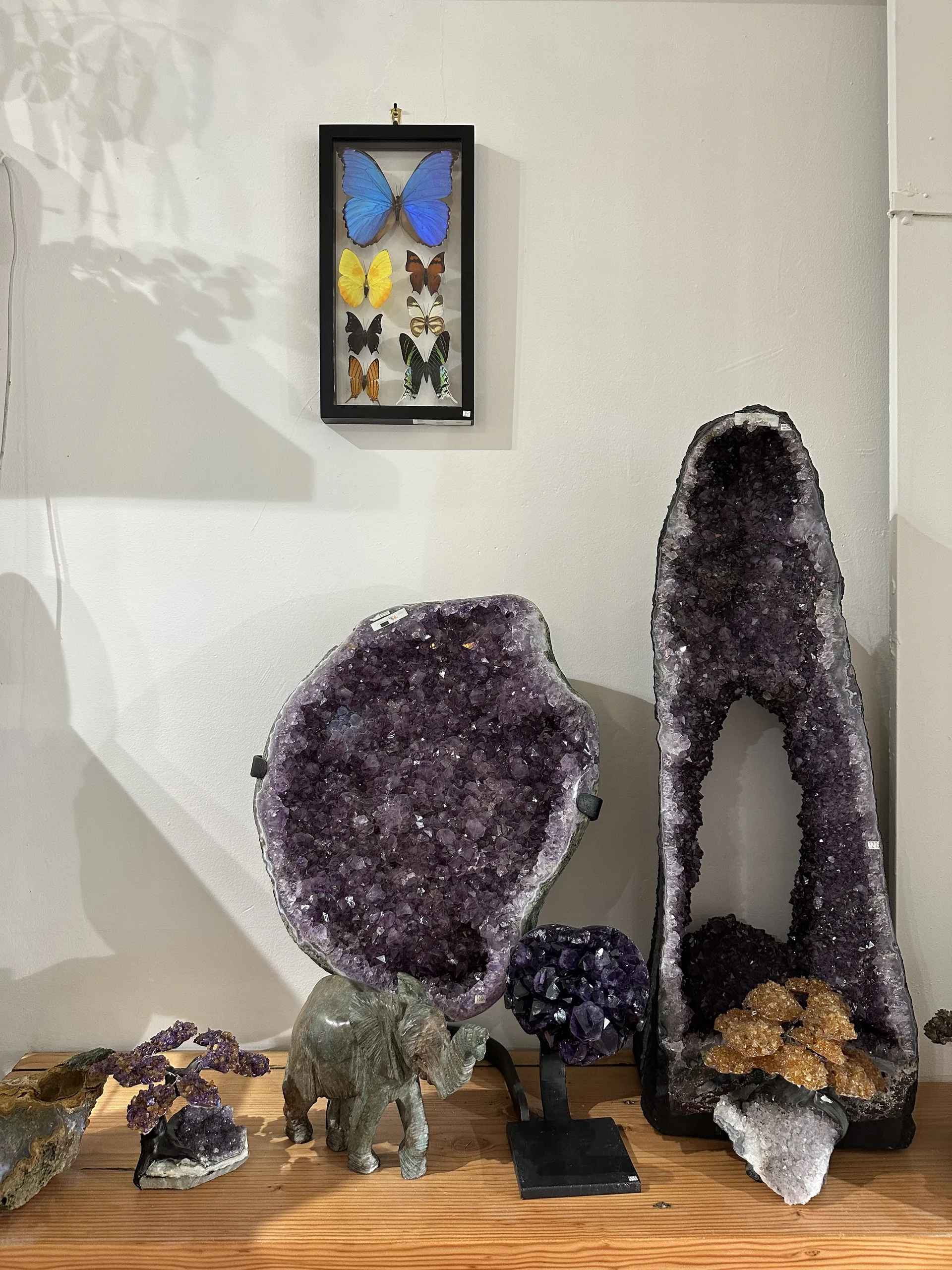 Tall amethyst cathedral geode pair against a gallery wall